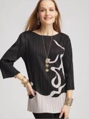 Chico’s Travelers Black Pleated Tunic Top Abstract Print Size 1 Medium
